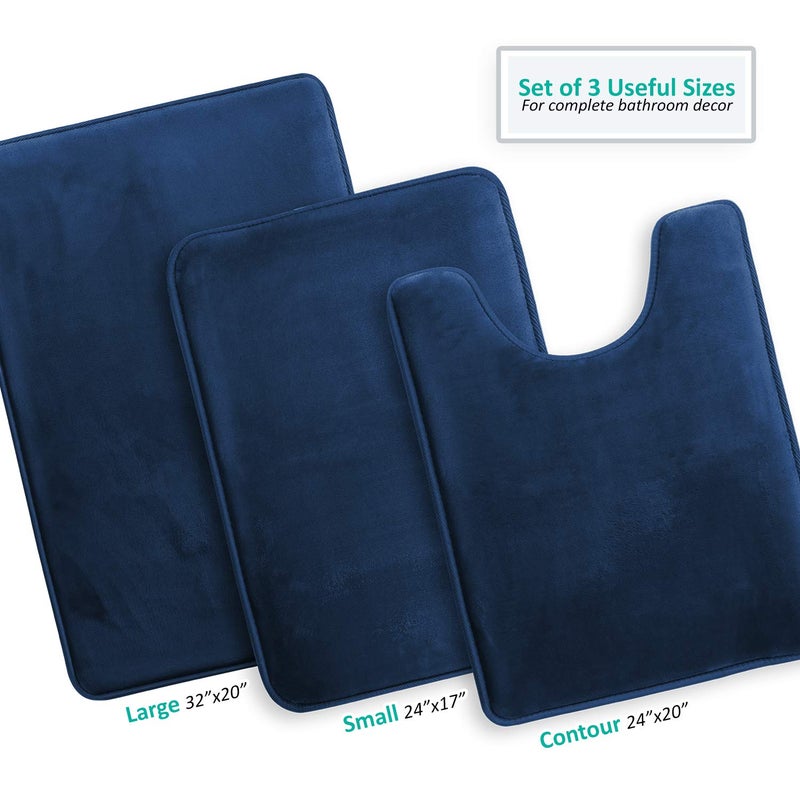 Clara Clark 3 Piece Bathroom Rugs Bath Mat Set, Velvet Memory Foam Bath Mats for Bathroom - Non-Slip, PVC Backing Bath Rugs, Washable - Dries Quickly, Blue - Image 3